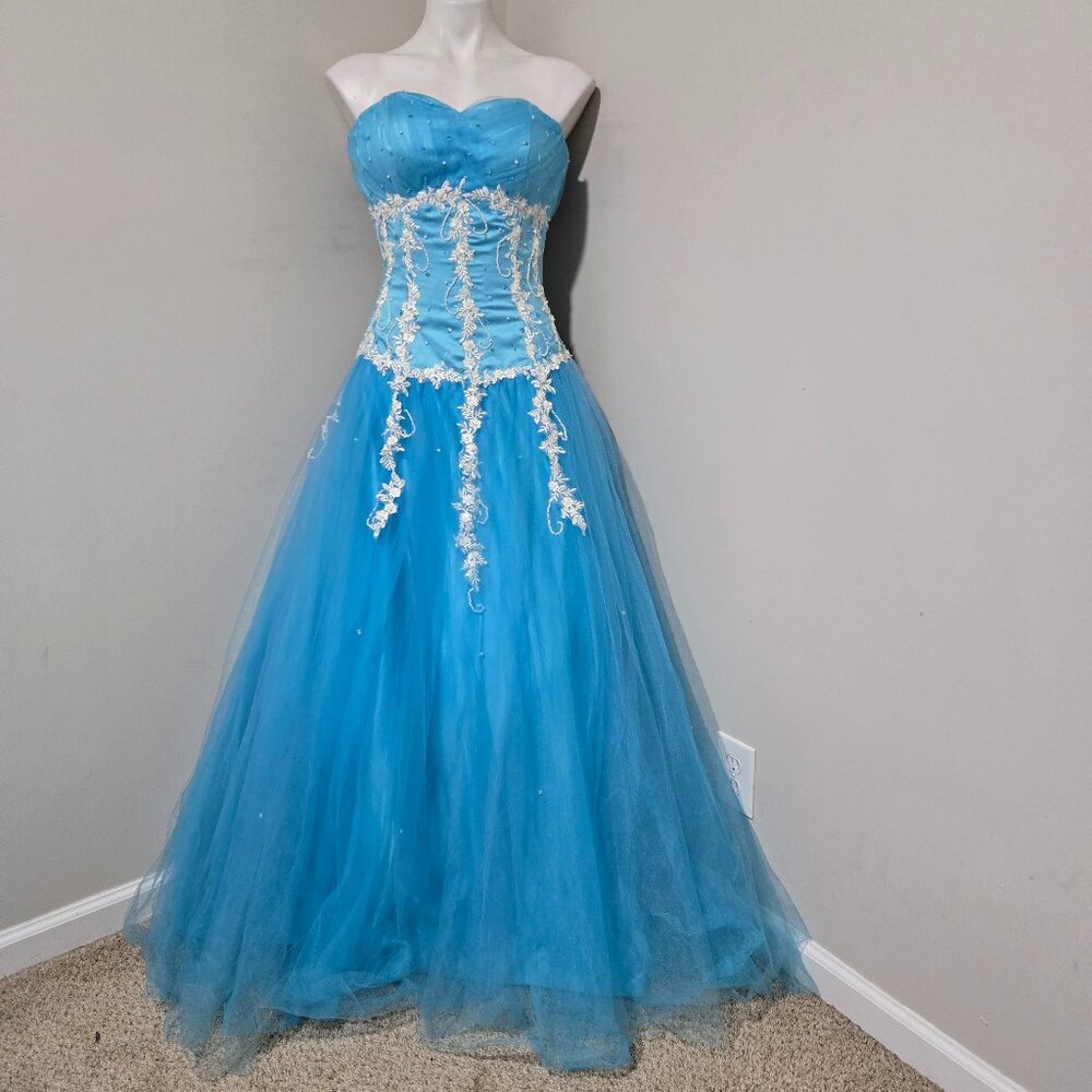 (Fits ~2-4) Unbranded Light Blue Strapless Dropwaist Ball Gown White Appliques